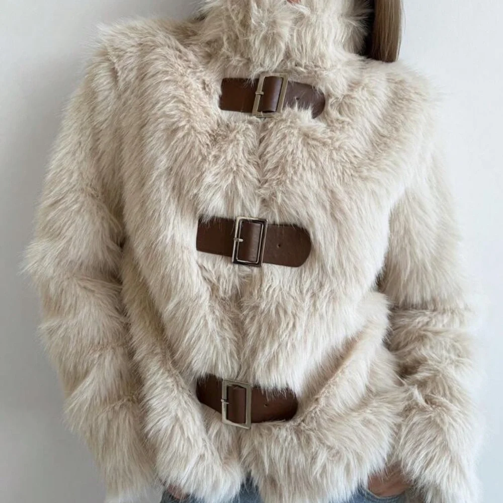 Aloruh Women Stand Collar Fitted Long Sleeve Fluffy Button Apricot Jacket, - Picture 2 of 4